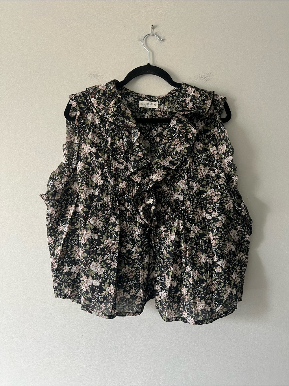 Natural Life Floral Ruffle Sleeveless Cotton Blouse Black XL